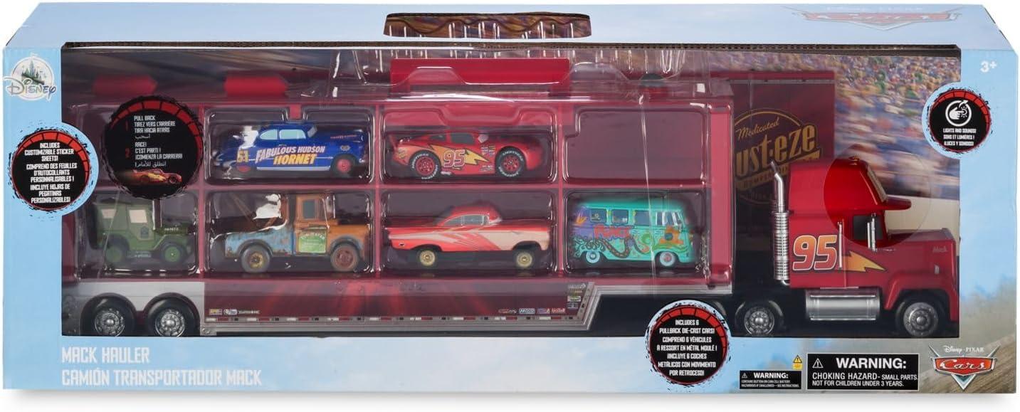 imageDisney Store Action Toys Lightning McQueen Mack Hauler Toy Truck with 6 PullBack Toy Cars  Includes Lightning McQueen Disney Cars Toys LightUp Features and Customizable Sticker Sheets