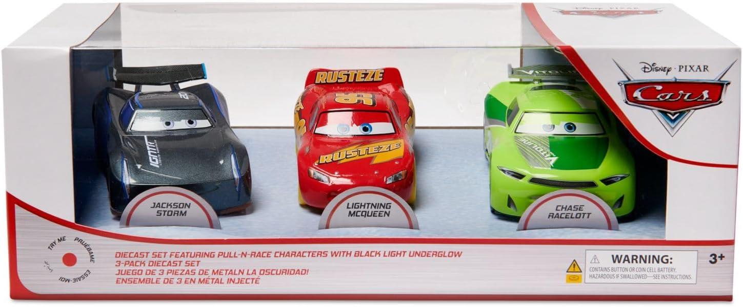 imageDisney Store Official Cars LightUp Pullback Die Cast Set  Featuring Lightning McQueen Jackson Storm Chase Racelott  Neon Lights Set with LightUp PullNRace Diecast Cars