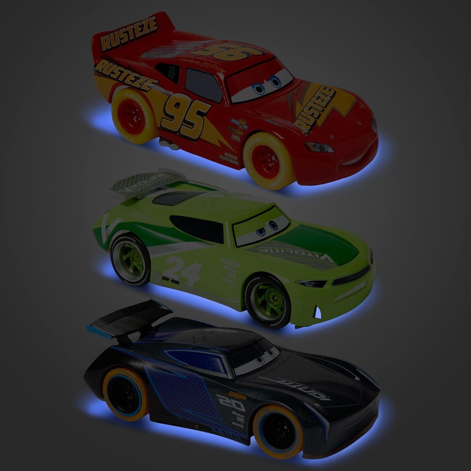 imageDisney Store Official Cars LightUp Pullback Die Cast Set  Featuring Lightning McQueen Jackson Storm Chase Racelott  Neon Lights Set with LightUp PullNRace Diecast Cars