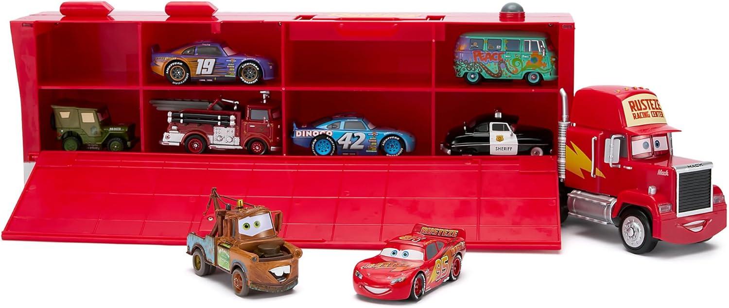 imageDisney Store Official Mack Hauler Play Set  Light ampamp Sound Mack Carrier with 8 Pullback Die Cast Vehicles  Red Fillmore Lightning McQueen Bobby Swift Cal Weathers Sarge Sheriff ampamp Tow Mater